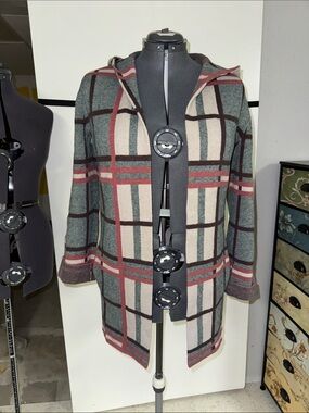 VGUC bobeau Hooded Plaid Open-Front Coatigan in Green, Cream & Burgundy